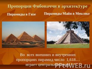 Пропорции Фибоначчи в архитектуре Пирамиды в Гизе Во всех внешних и внутренних п