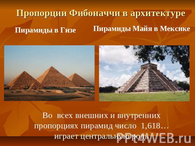 Пропорции Фибоначчи в архитектуре Пирамиды в Гизе Во всех внешних и внутренних пропорциях пирамид число 1,618… играет центральную роль