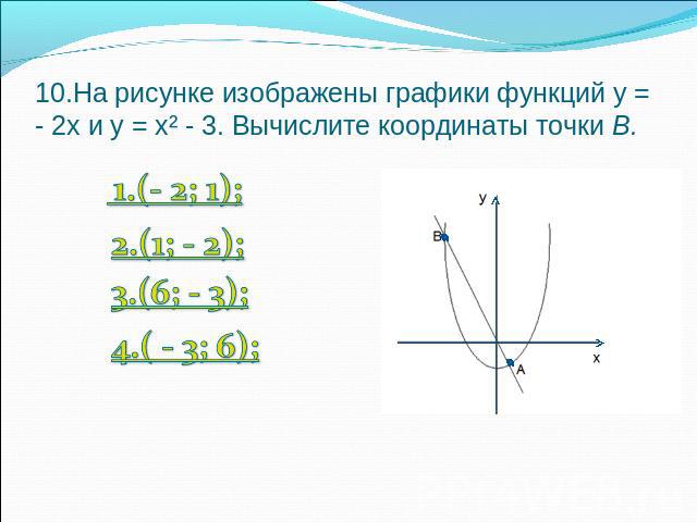 10.На рисунке изображены графики функций у = - 2х и у = х² - 3. Вычислите координаты точки В. 1.(- 2; 1); 2.(1; - 2); 3.(6; - 3); 4.( - 3; 6);