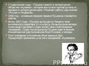 Студенческие годы – Пушкин принят в литературное общество «Арзамас», которое выс