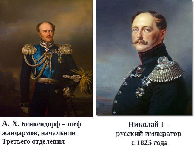 Николай I – русский император с 1825 годаА. Х. Бенкендорф – шеф жандармов, начальник Третьего отделения