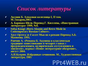 Акунин Б. Алмазная колесница I, II том. М.:Захаров,2003.А. Барикко Шелк Перевод