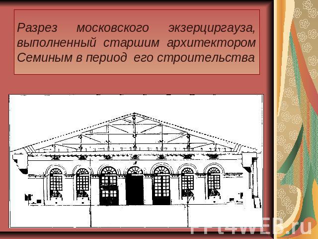 Разрез московского экзерциргауза, выполненный старшим архитектором Семиным в период его строительства