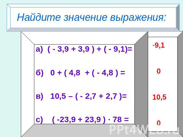 Найдите значение выражения: а) ( - 3,9 + 3,9 ) + ( - 9,1)= б) 0 + ( 4,8 + ( - 4,8 ) = в) 10,5 – ( - 2,7 + 2,7 )= с) ( -23,9 + 23,9 ) · 78 =9,1 010,5 0
