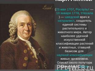 Карл Линней (23 мая 1707, Росхульт — 10 января 1778, Уппсала) — шведский врач и