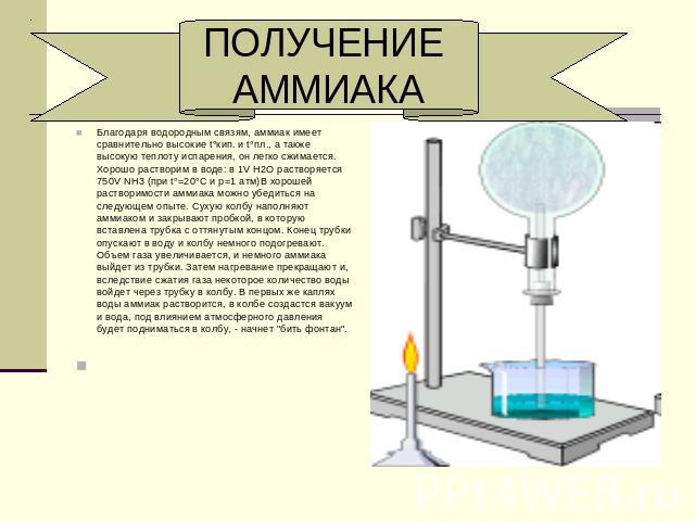 ПОЛУЧЕНИЕ АММИАКА Благодаря водородным связям, аммиак имеет сравнительно высокие t°кип. и t°пл., а также высокую теплоту испарения, он легко сжимается. Хорошо растворим в воде: в 1V Н2O растворяется 750V NH3 (при t°=20°C и p=1 атм)В хорошей раствори…