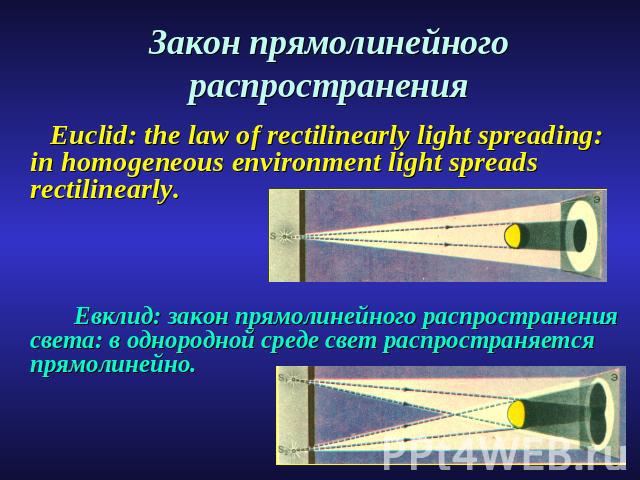 Закон прямолинейного распространени я Euclid: the law of rectilinearly light spreading: in homogeneous environment light spreads rectilinearly. Евклид: закон прямолинейного распространения света: в однородной среде свет распространяется прямолинейно.