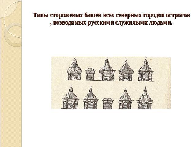 Типы сторожевых башен всех северных городов острогов , возводимых русскими служилыми людьми.