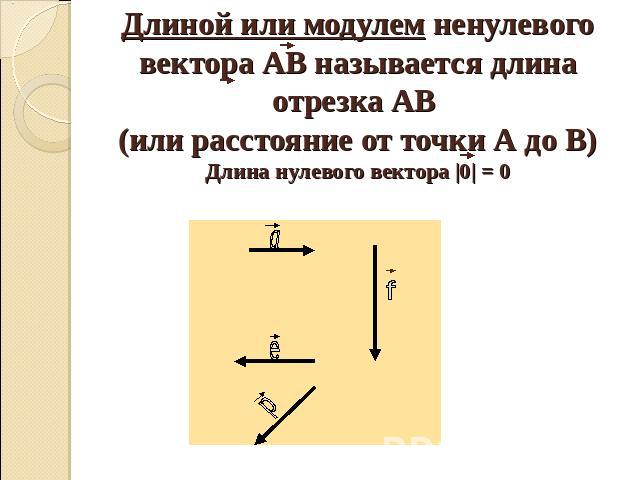 Длиной или модулем ненулевого вектора АВ называется длина отрезка АВ (или расстояние от точки А до В)Длина нулевого вектора |0| = 0