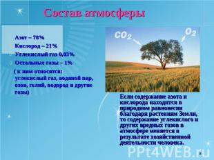 Состав атмосферы Азот – 78%Кислород – 21%Углекислый газ 0,03%Остальные газы – 1%