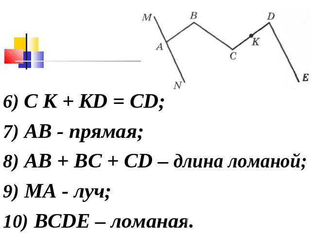 6) С К + KD = CD;7) АВ - прямая;8) АВ + ВС + CD – длина ломаной;9) МA - луч;10) ВСDЕ – ломаная.