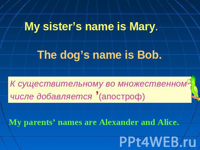 My sister’s name is Mary.The dog’s name is Bob.К существительному во множественном числе добавляется ’(апостроф)My parents’ names are Alexander and Alice.
