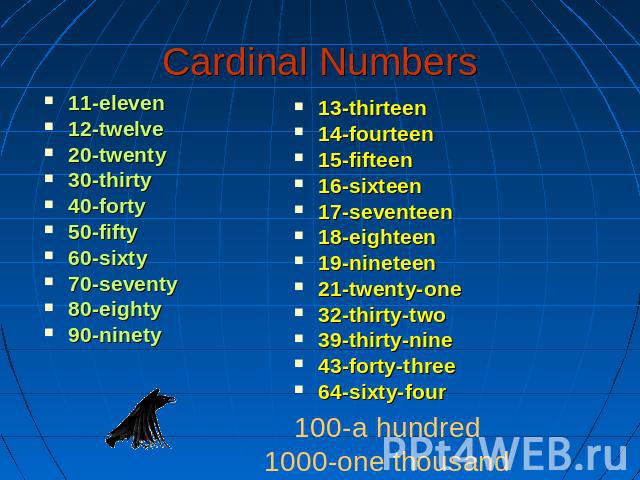 Cardinal Numbers 11-eleven 12-twelve20-twenty30-thirty40-forty50-fifty60-sixty70-seventy80-eighty90-ninety13-thirteen14-fourteen15-fifteen16-sixteen17-seventeen18-eighteen19-nineteen21-twenty-one32-thirty-two39-thirty-nine43-forty-three64-sixty-four…