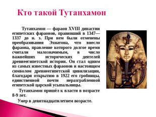 Кто такой Тутанхамон Тутанхамон — фараон XVIII династии египетских фараонов, пра