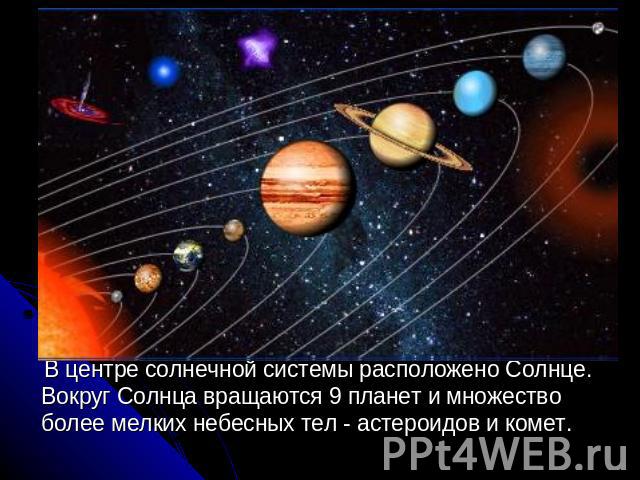 В центре солнечной системы расположено Солнце. Вокруг Солнца вращаются 9 планет и множество более мелких небесных тел - астероидов и комет.