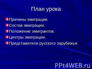 План урока Причины эмиграции.Состав эмиграции.Положение эмигрантов.Центры эмигра