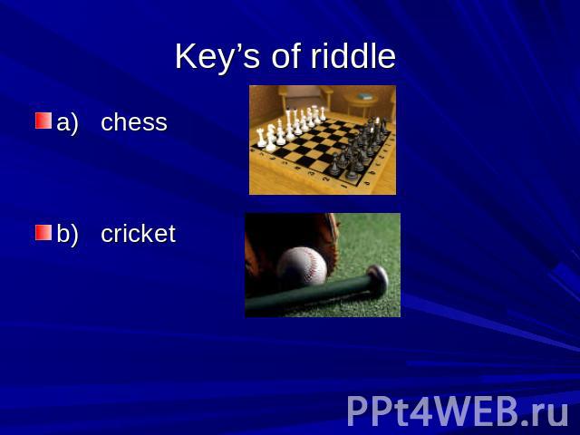 Key’s of riddle a) chessb) cricket