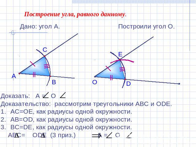 Построение угла, равного данному.Дано: угол А.Построили угол О.Доказать: А = ОДоказательство: рассмотрим треугольники АВС и ОDE.АС=ОЕ, как радиусы одной окружности.АВ=ОD, как радиусы одной окружности.ВС=DE, как радиусы одной окружности. АВС= ОDЕ (3 …