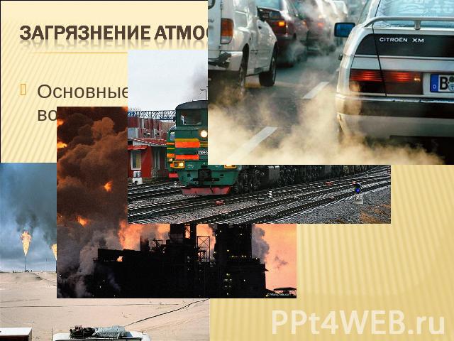 Загрязнение атмосферы Основные загрязнители атмосферного воздуха:промышленность бытовые котельные транспорт.