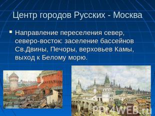 Центр городов Русских - Москва Направление переселения север, северо-восток: зас