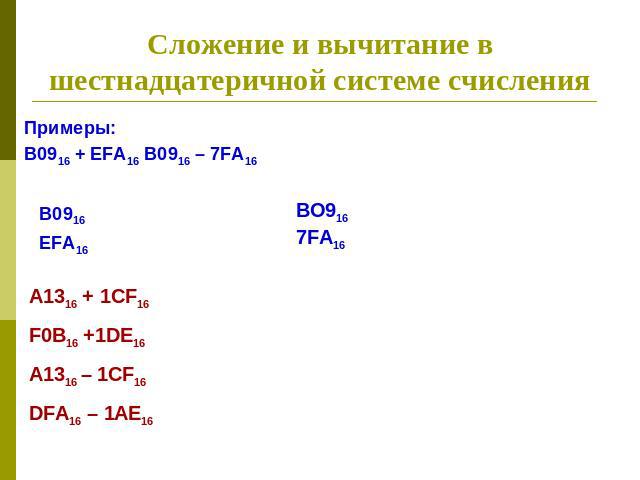Сложение и вычитание в шестнадцатеричной системе счисления Примеры:В0916 + EFA16B0916 – 7FA16 B0916 EFA16A1316 + 1CF16F0B16 +1DE16A1316 – 1CF16DFA16 – 1AE16