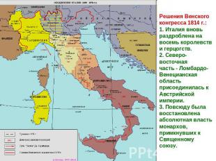 Решения Венского конгресса 1814 г.: 1. Италия вновь раздроблена на восемь короле