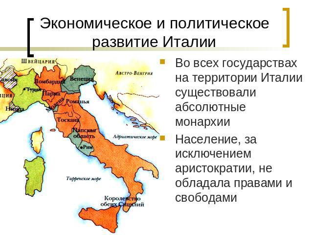 Экономическое и политическое развитие Италии Во всех государствах на территории Италии существовали абсолютные монархииНаселение, за исключением аристократии, не обладала правами и свободами