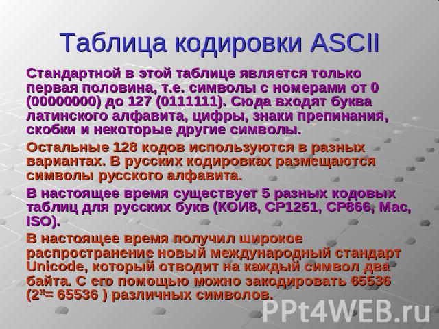 Таблица кодировки ASCII Стандартной в этой таблице является только первая половина, т.е. символы с номерами от 0 (00000000) до 127 (0111111). Сюда входят буква латинского алфавита, цифры, знаки препинания, скобки и некоторые другие символы.Остальные…