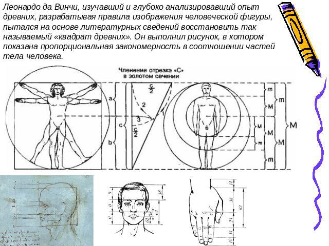 Леонардо да Винчи, изучавший и глубоко анализировавший опыт древних, разрабатывая правила изображения человеческой фигуры, пытался на основе литературных сведений восстановить так называемый «квадрат древних». Он выполнил рисунок, в котором показана…