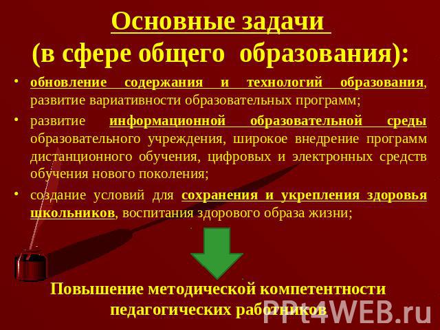 Основные задачи (в сфере общего образования): обновление содержания и технологий образования, развитие вариативности образовательных программ; развитие информационной образовательной среды образовательного учреждения, широкое внедрение программ дист…