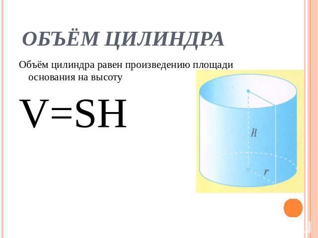 ОБЪЁМ ЦИЛИНДРА Объём цилиндра равен произведению площади основания на высотуV=SH