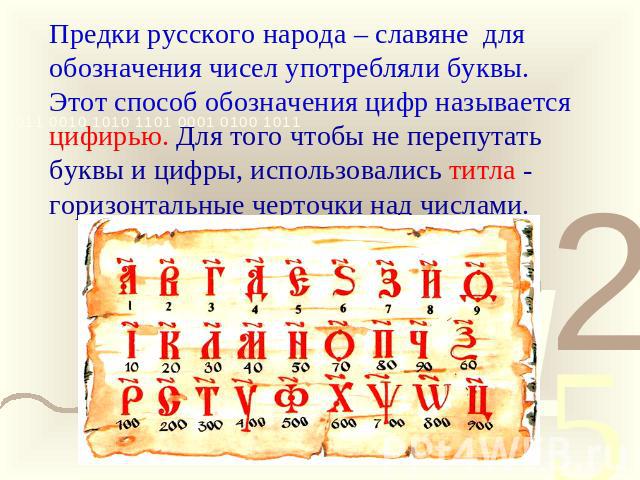 Предки русского народа – славяне для обозначения чисел употребляли буквы. Этот способ обозначения цифр называетсяцифирью. Для того чтобы не перепутать буквы и цифры, использовались титла - горизонтальные черточки над числами.