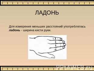 ЛАДОНЬ Для измерения меньших расстояний употреблялась ладонь - ширина кисти руки