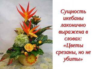 Сущность икебаны лаконично выражена в словах:«Цветы срезаны, но не убиты»