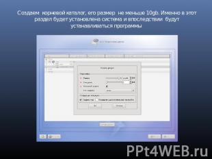 Создаем корневой каталог, его размер не меньше 10gb. Именно в этот раздел будет