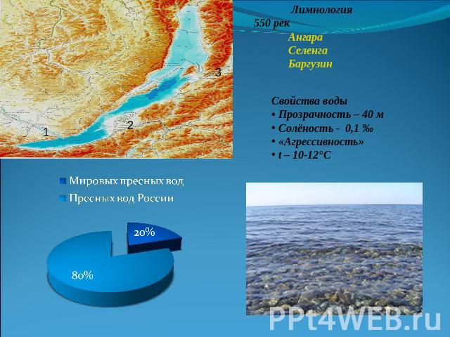 Лимнология550 рек Ангара Селенга Баргузин Свойства воды Прозрачность – 40 м Солёность - 0,1 ‰ «Агрессивность» t – 10-12°С