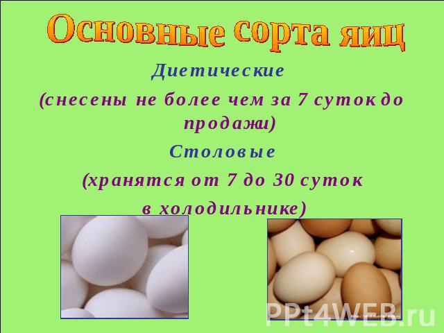 Основные сорта яиц Диетические (снесены не более чем за 7 суток до продажи) Столовые(хранятся от 7 до 30 суток в холодильнике)