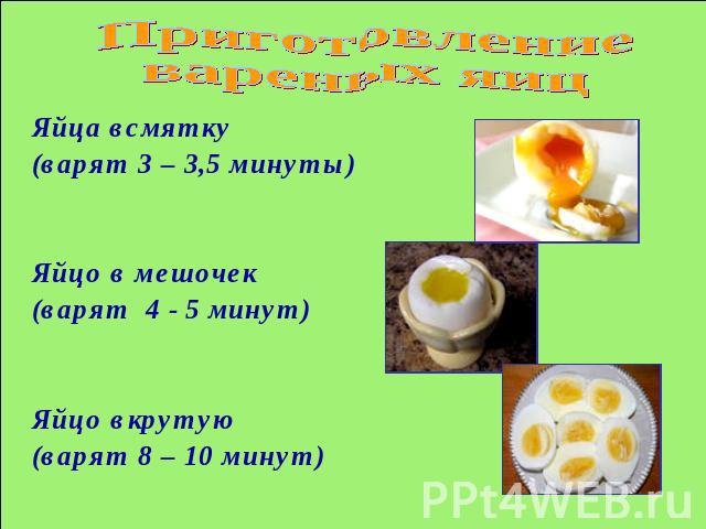 Приготовление вареных яиц Яйца всмятку (варят 3 – 3,5 минуты)Яйцо в мешочек (варят 4 - 5 минут)Яйцо вкрутую (варят 8 – 10 минут)