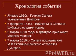 Хронология событий Январь 1610г.- Гетман Сапега захватывает Дмитров.6 февраля 16