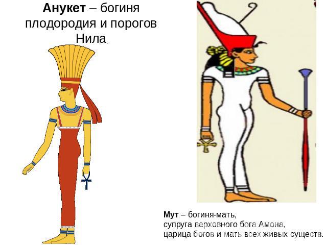 Анукет – богиня плодородия и порогов Нила Мут – богиня-мать, супруга верховного бога Амона, царица богов и мать всех живых существ.