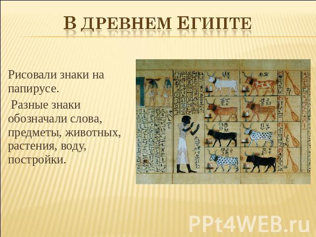 В древнем египте Рисовали знаки на папирусе. Разные знаки обозначали слова, предметы, животных, растения, воду, постройки.