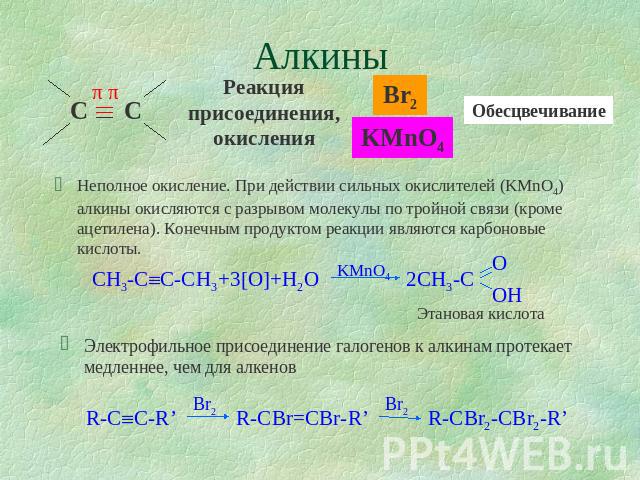 Алкины Реакция присоединения, окисленияНеполное окисление. При действии сильных окислителей (KMnO4) алкины окисляются с разрывом молекулы по тройной связи (кроме ацетилена). Конечным продуктом реакции являются карбоновые кислоты.Электрофильное присо…
