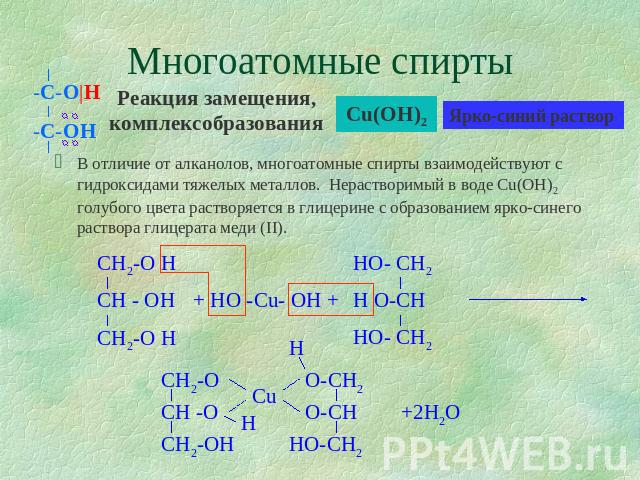 Многоатомные спирты Реакция замещения, комплексобразованияВ отличие от алканолов, многоатомные спирты взаимодействуют с гидроксидами тяжелых металлов. Нерастворимый в воде Cu(OH)2 голубого цвета растворяется в глицерине с образованием ярко-синего ра…