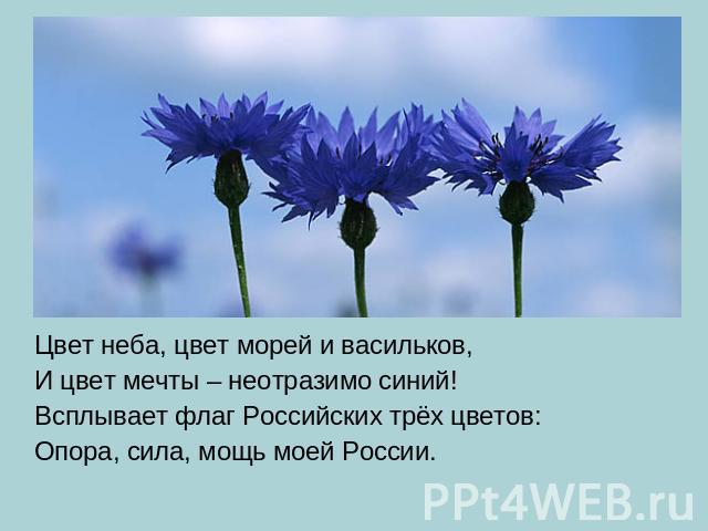 Цвет неба, цвет морей и васильков,И цвет мечты – неотразимо синий!Всплывает флаг Российских трёх цветов:Опора, сила, мощь моей России.