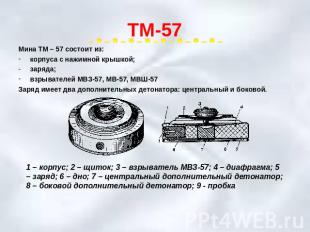 ТМ-57 Мина ТМ – 57 состоит из:корпуса с нажимной крышкой;заряда;взрывателей МВЗ-