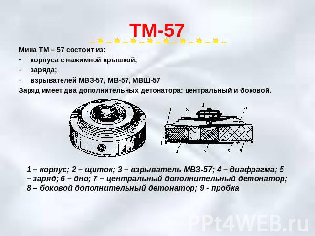 ТМ-57 Мина ТМ – 57 состоит из:корпуса с нажимной крышкой;заряда;взрывателей МВЗ-57, МВ-57, МВШ-57Заряд имеет два дополнительных детонатора: центральный и боковой.1 – корпус; 2 – щиток; 3 – взрыватель МВЗ-57; 4 – диафрагма; 5 – заряд; 6 – дно; 7 – це…