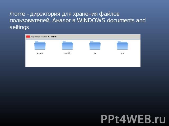 /home –директория для хранения файлов пользователей, Аналог в WINDOWS documents and settings