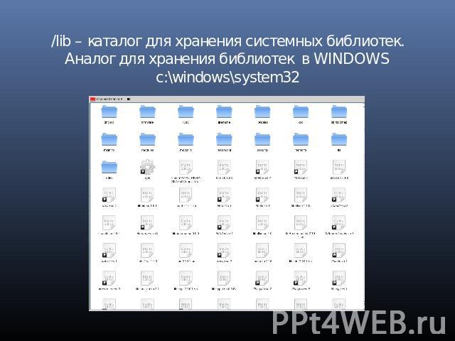 /lib – каталог для хранения системных библиотек.Аналог для хранения библиотек в WINDOWS c:\windows\system32