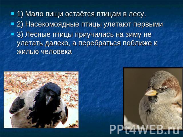 1) Мало пищи остаётся птицам в лесу.2) Насекомоядные птицы улетают первыми3) Лесные птицы приучились на зиму не улетать далеко, а перебраться поближе к жилью человека