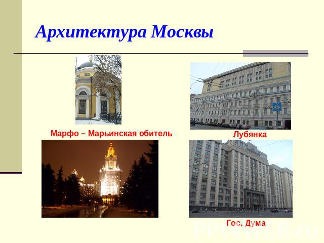 Архитектура Москвы Марфо – Марьинская обительЛубянка Гос. Дума